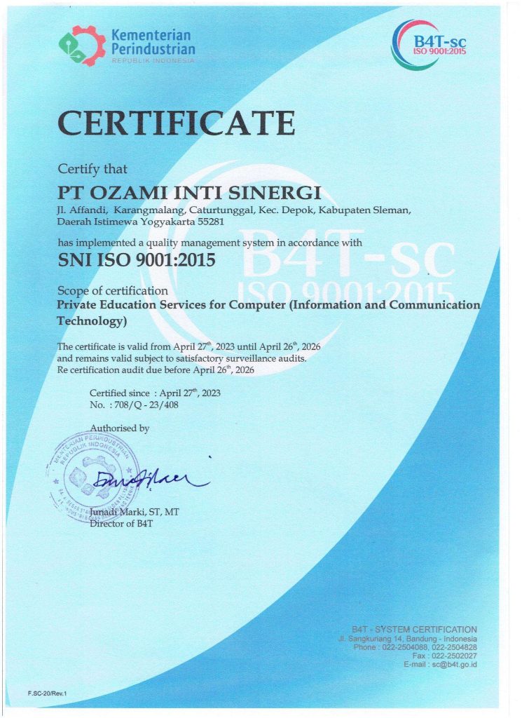 SNI ISO 9001 2015 PT Ozami Inti Sinergi